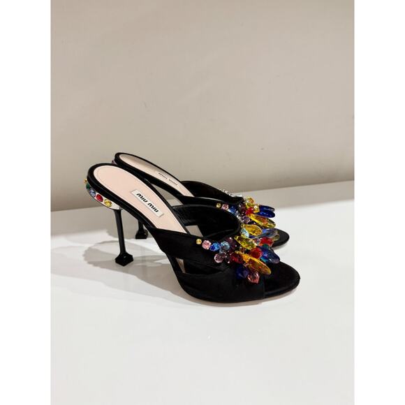 Miu Miu Crystal Embellished Metal Heel Satin Mules Heel Black Women's Size EU 41 - Picture 6 of 9